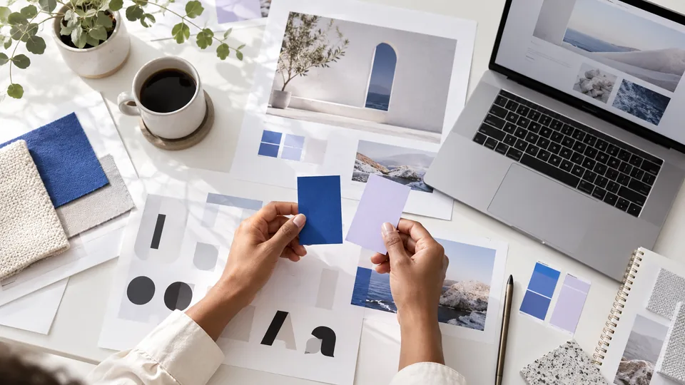 Colour swatches and website layouts used to develop a coherent visual identity.