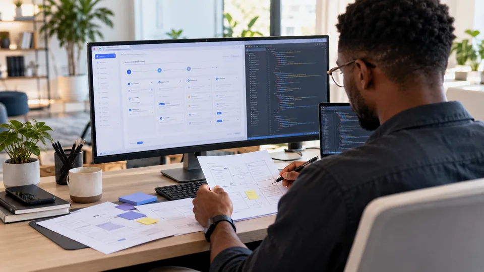 A developer reviewing a business workflow and an application prototype.