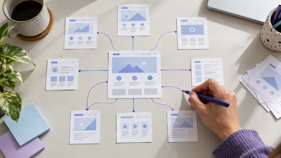 A website page map with connected service, guide and project cards.