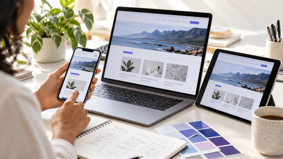 The same website layout adapted to desktop, tablet and mobile screens.