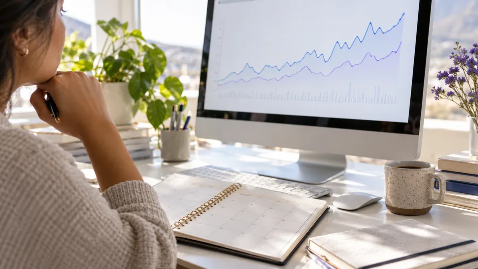 A calendar and search performance chart illustrating how SEO progress is reviewed over time.