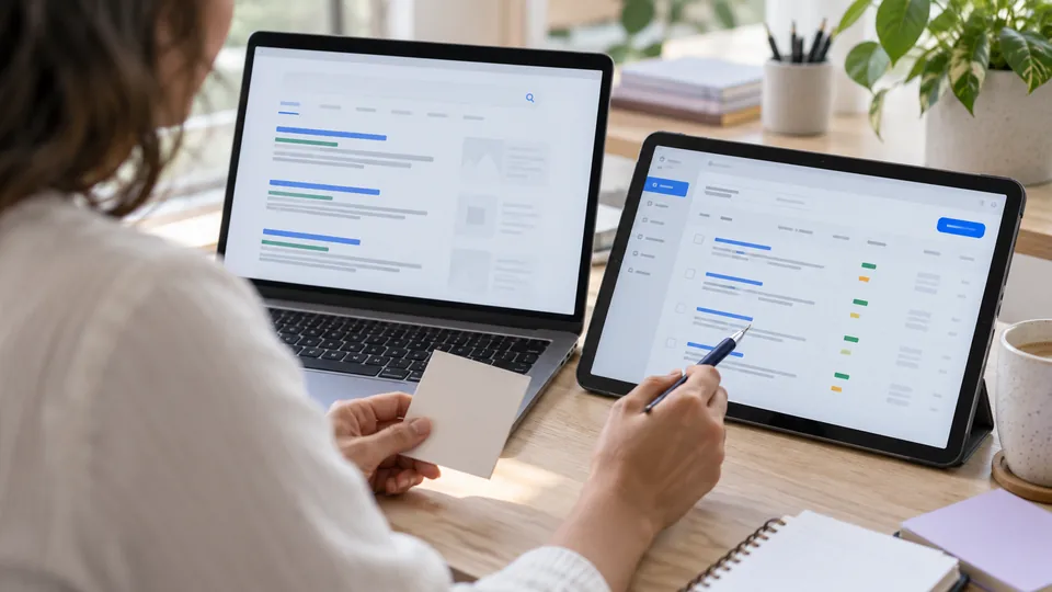 Search results and campaign planning on two screens, illustrating SEO and paid search.