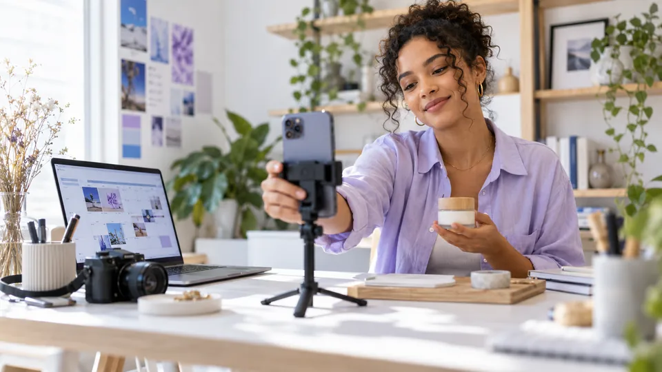 A creator preparing social media content with a phone, camera and content plan.