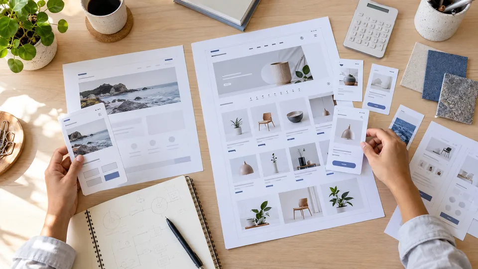 Website wireframes, project notes and a calculator for planning a website budget.