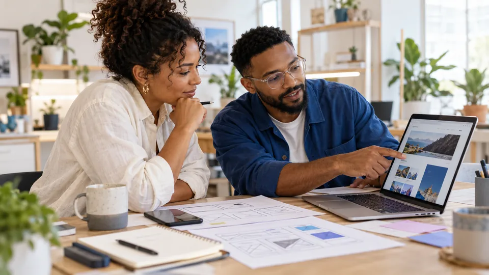 A business owner and designer planning a website using a laptop and wireframes.